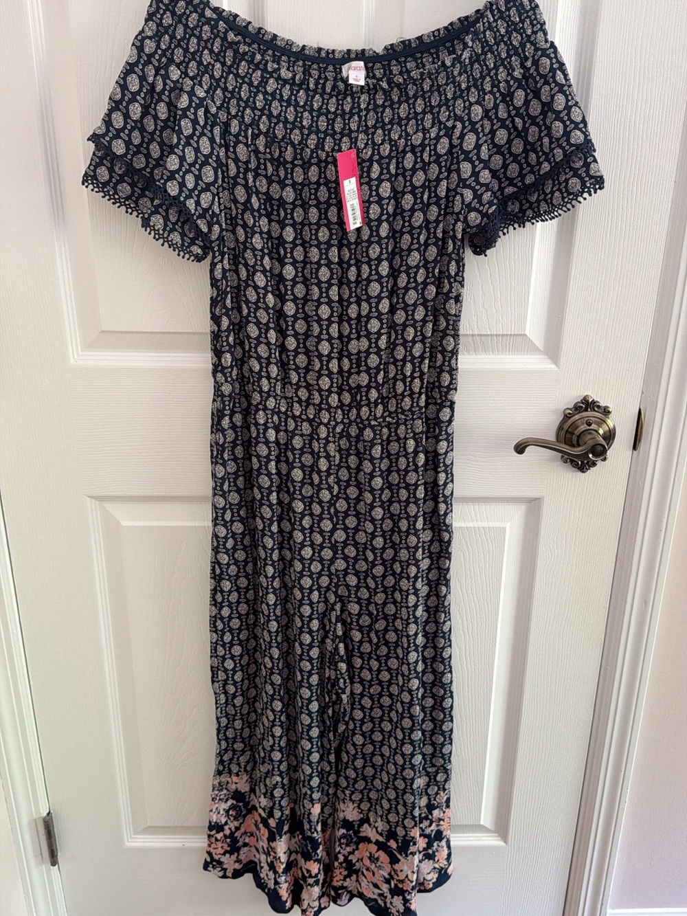 Xhilaration Navy Printed Off-Shoulder Jumpsuit with Pink Border